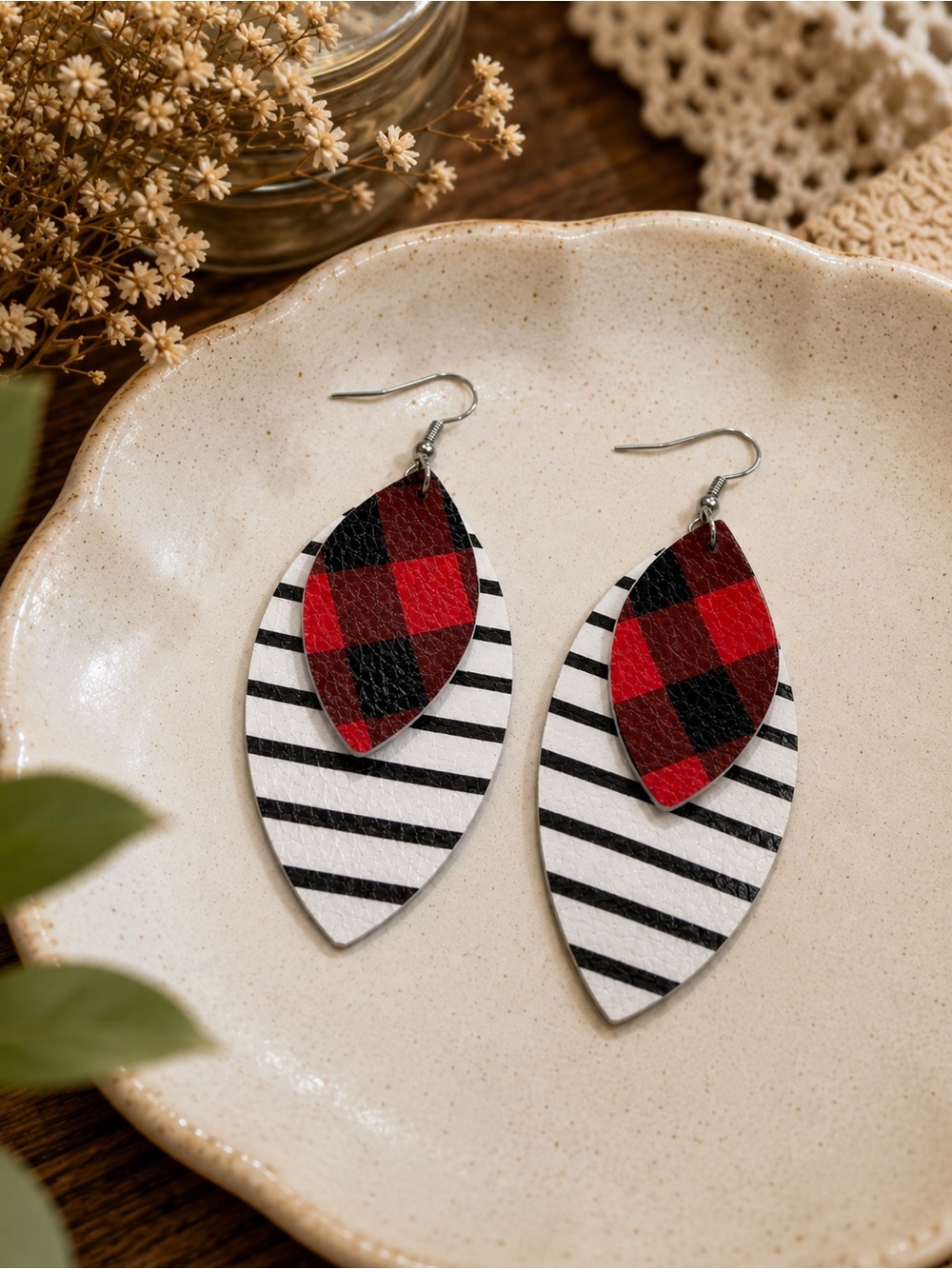 Striped White & Red Buffalo Plaid Layered Leather Earrings